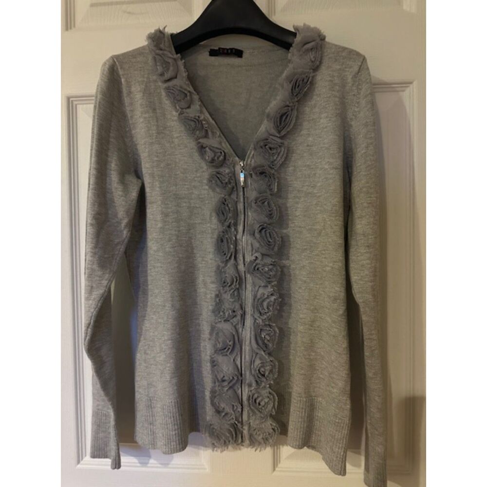 Women’s Gray Ruffle Trim Cardigan Medium NWOT